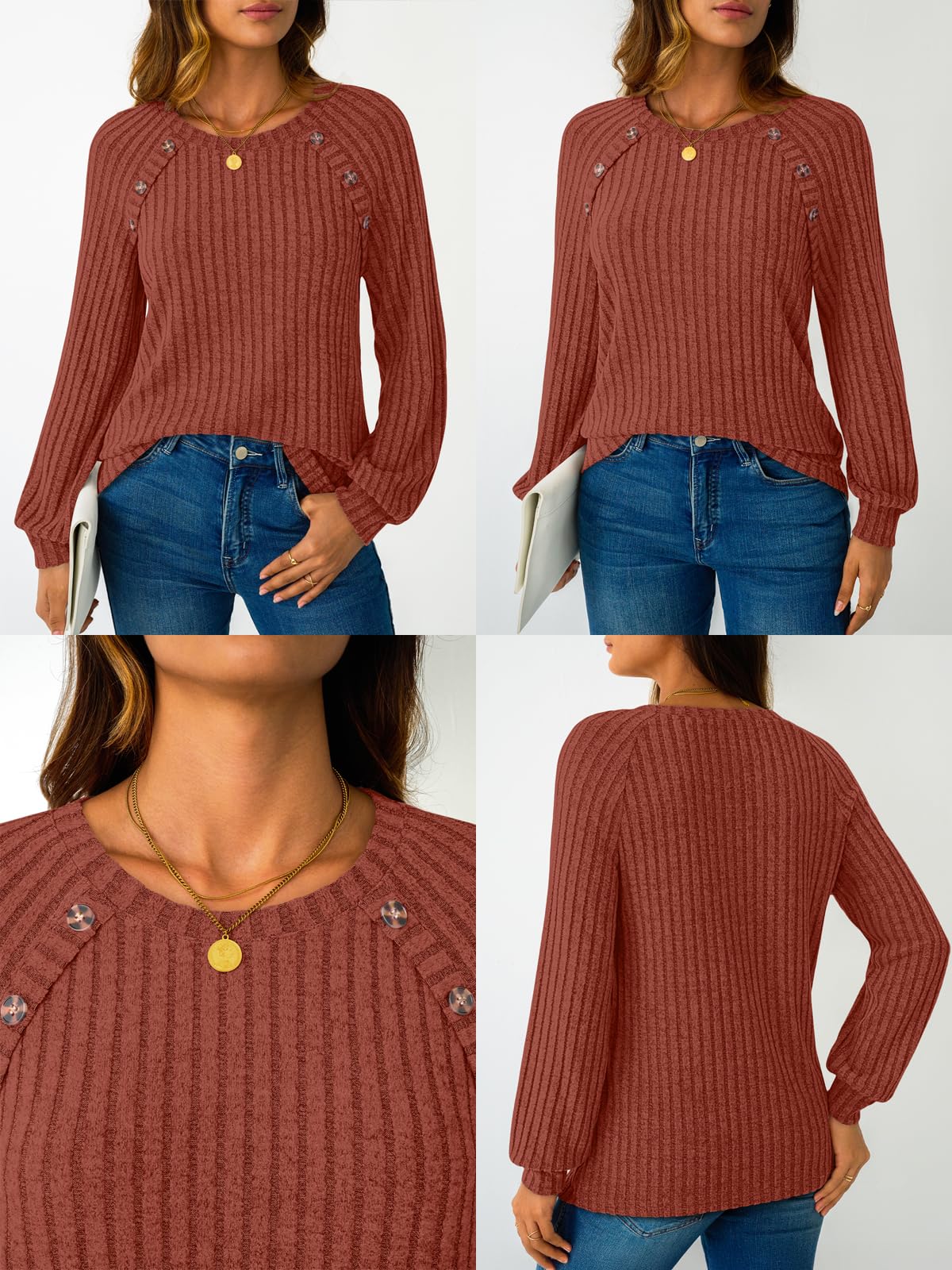 Women's Long Sleeve Tops - Fall Lightweight Sweaters with Shoulder Buttons