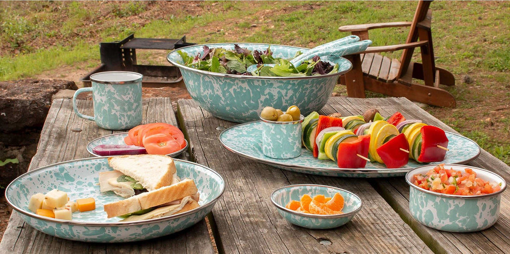 12-Inch Enamelware Serving and Slotted Spoon Set, Sea Glass Swirl
