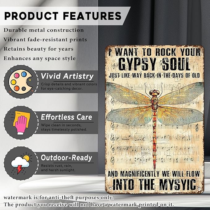 Dragonfly Decor I Want to Rock Your Soul Into The Mystic Vintage Metal Tin Sign for Home Cafe Bedroom Library Bookshelf Wall Decor 12 * 8inch