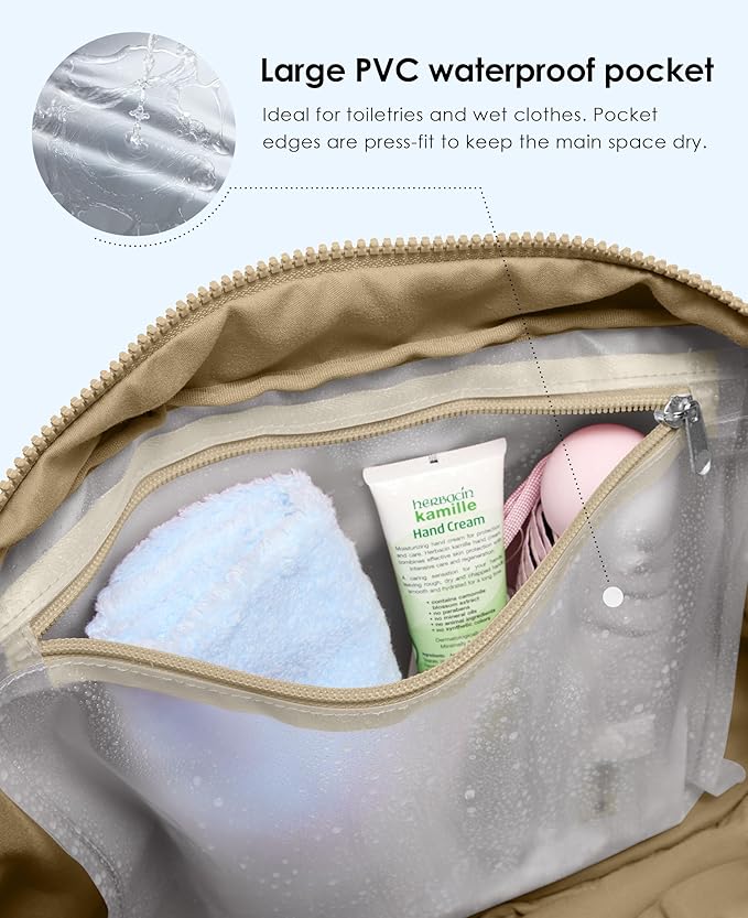 Gym Bag for Women, Travel Duffle Bags with Wet Pocket, Lightweight Carry on Bag Overnight Weekender Duffel Bag, Water Resistant (Camel)