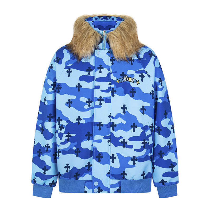 Women's Camouflage Cross Pattern Fur-Collar Hooded Zip-Up Jacket - Image 2