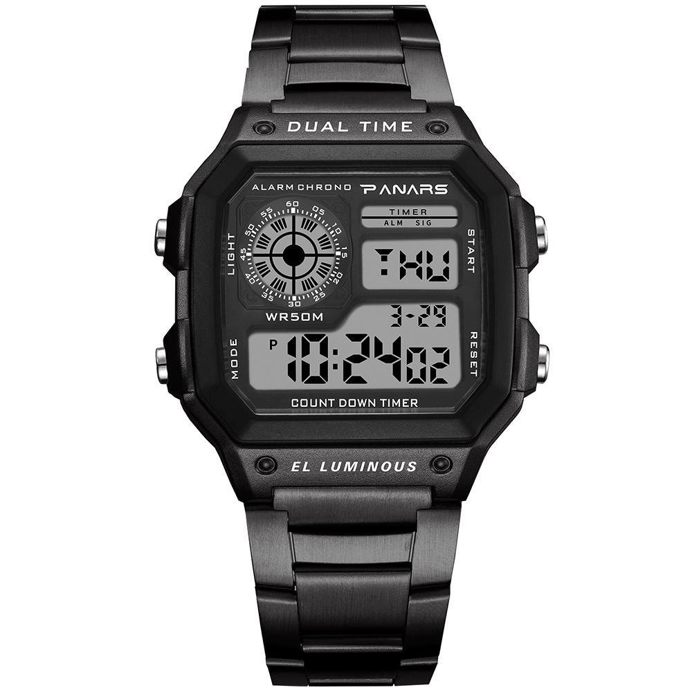 Unisex Retro Square Digital Sport Watch with Stainless Steel Band