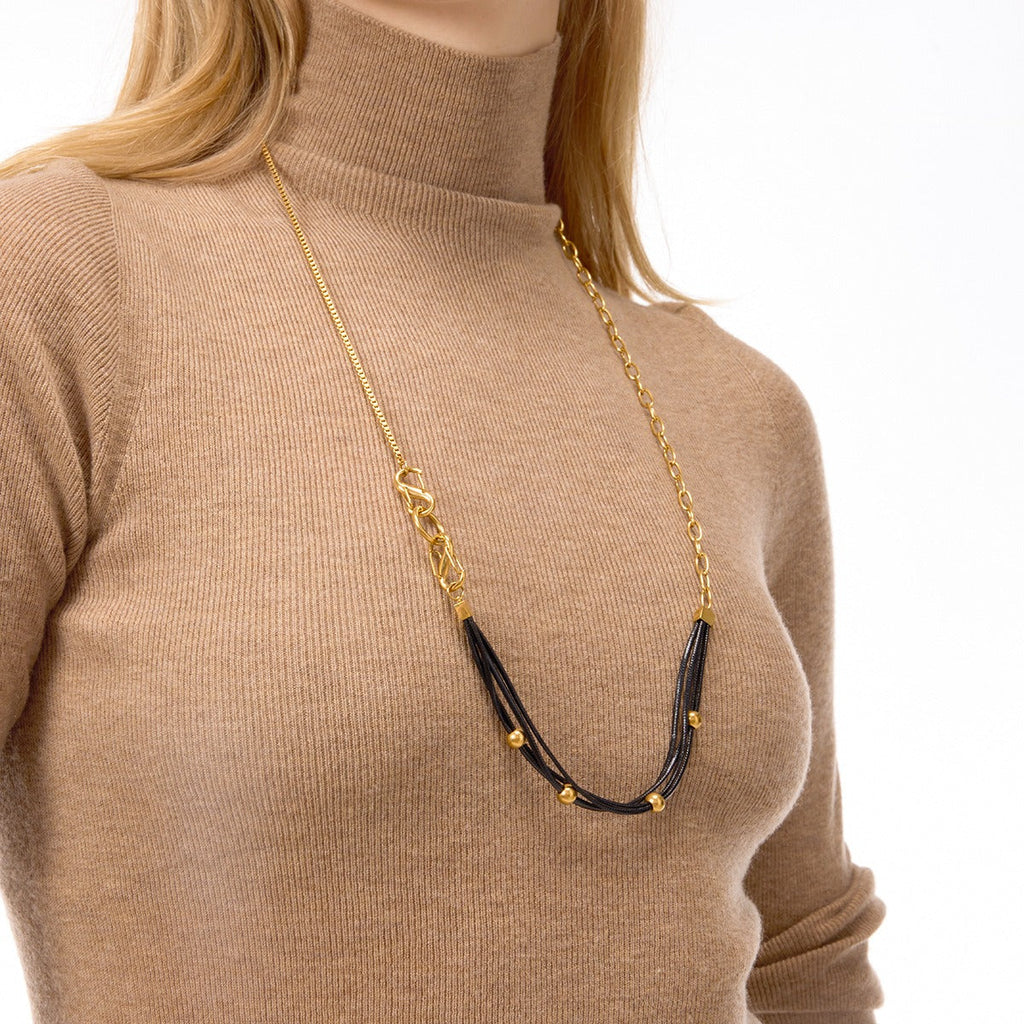 18K Gold and Black Wax Cord Necklace for Women