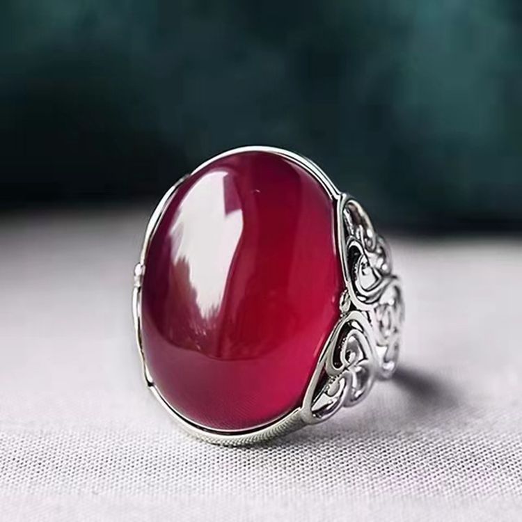 Crown Diamond Ring With Hollow Pattern, Adjustable Ethnic Style Ring, Red Agate Chalcedony, Copper Plated With White Gold, Open Ring For Women