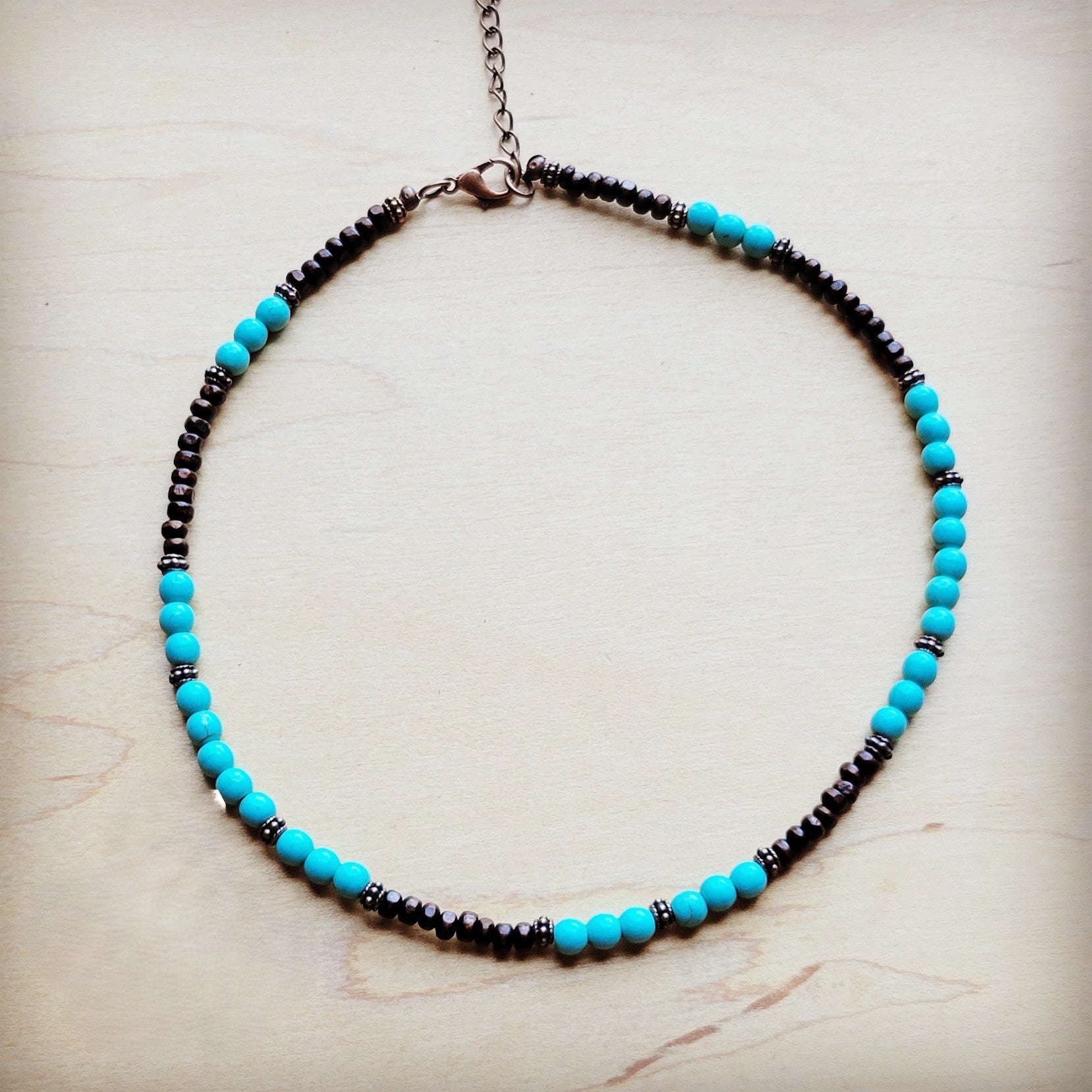Blue Turquoise, Wood and Copper Beads Collar Necklace 230g