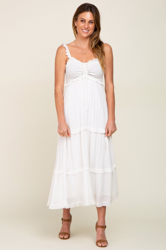 White Smocked Bodice Midi Dress with Ruffle Strap Details - Image 5