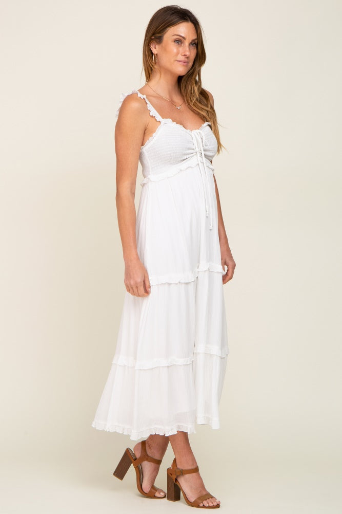 White Smocked Bodice Midi Dress with Ruffle Strap Details - Image 2