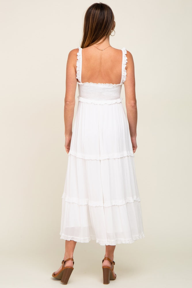 White Smocked Bodice Midi Dress with Ruffle Strap Details - Image 3