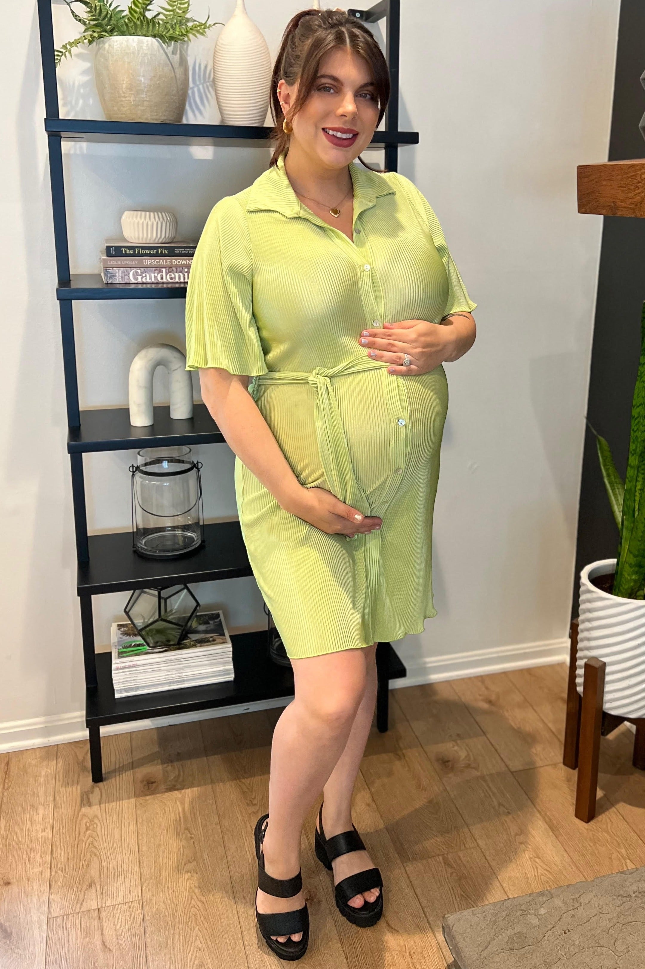 Lime Pleated Button Front Tied Waist Maternity Dress