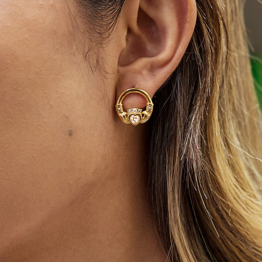 18K Gold-Plated Friendship Hand Stud Earrings with Cubic Zirconia