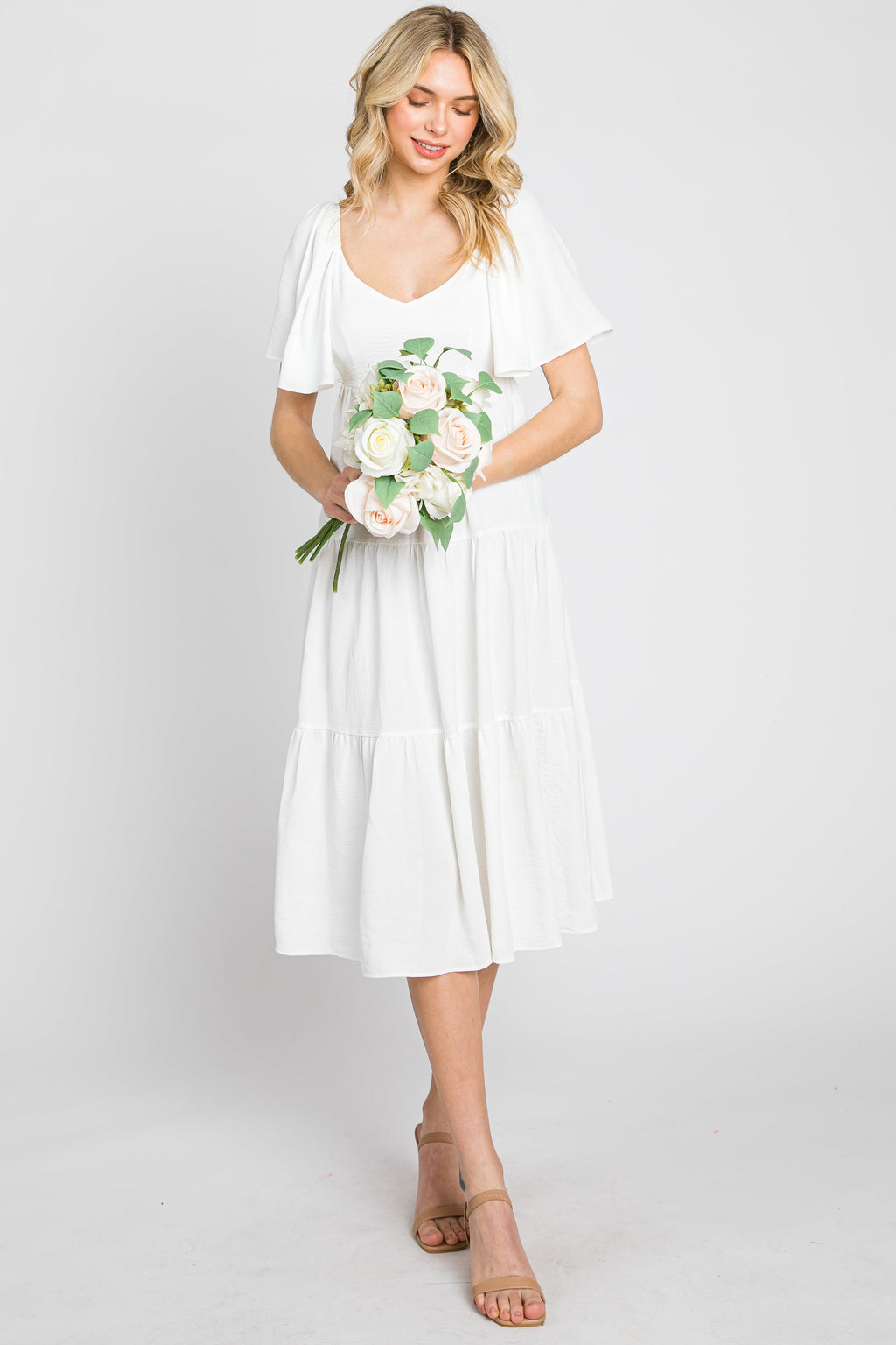 White Tiered Midi Dress with Criss Cross Back and Flutter Sleeves - Image 2