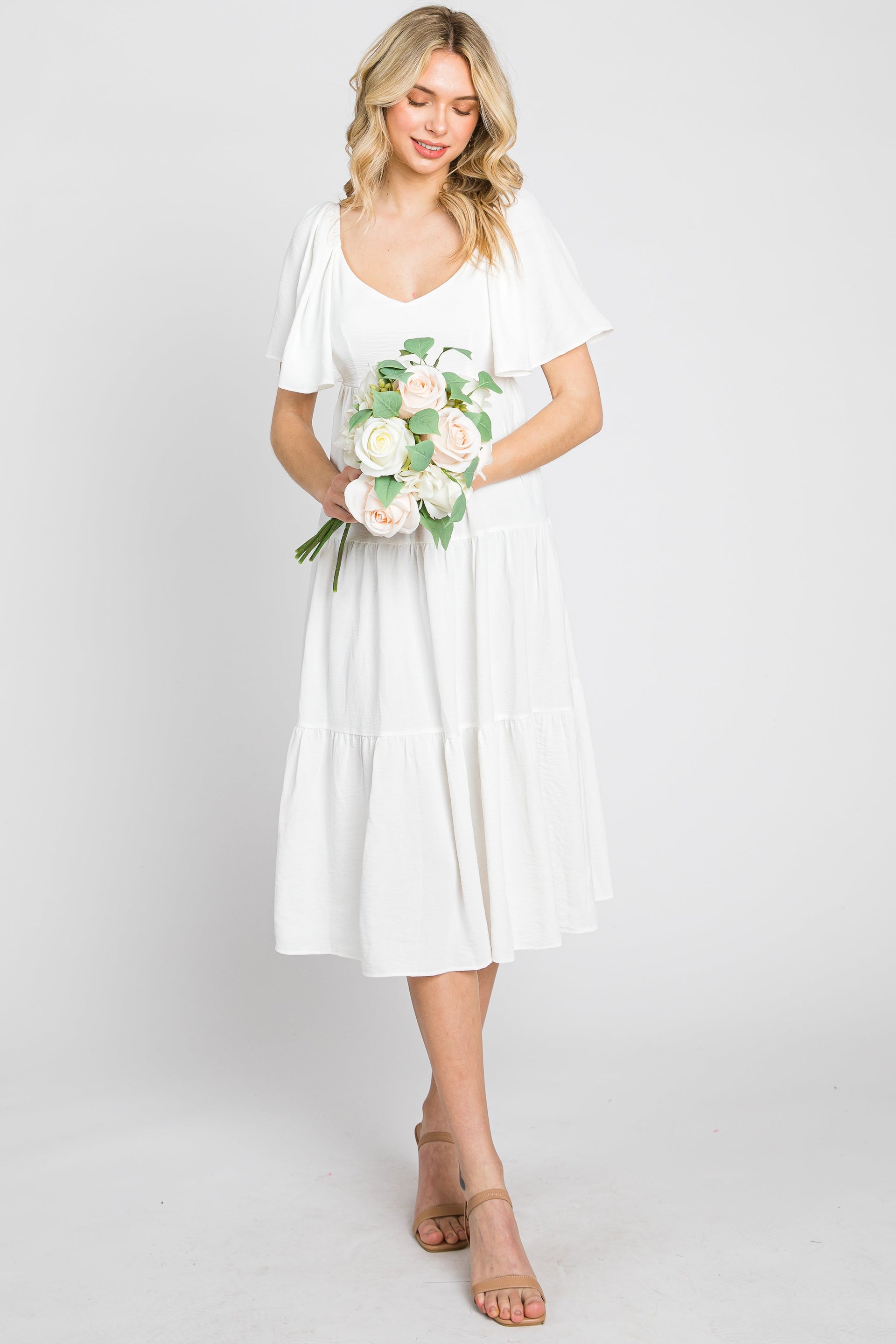White Tiered Midi Dress with Criss Cross Back and Flutter Sleeves - Image 2