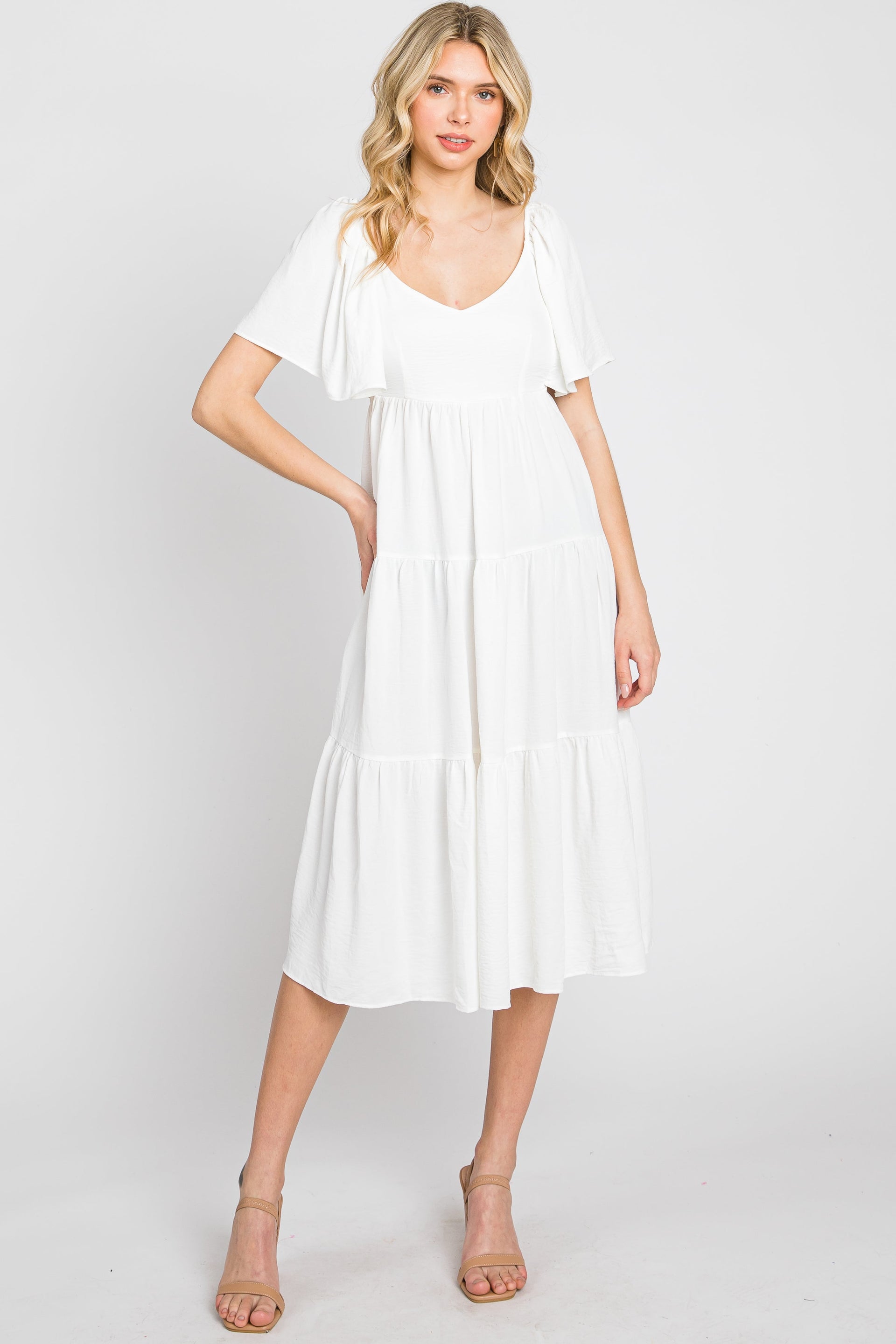 White Tiered Midi Dress with Criss Cross Back and Flutter Sleeves - Image 4