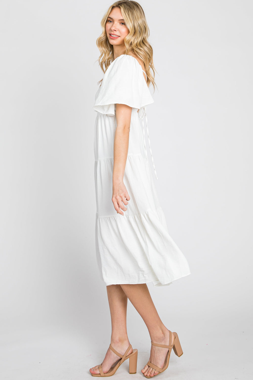 White Tiered Midi Dress with Criss Cross Back and Flutter Sleeves - Image 5
