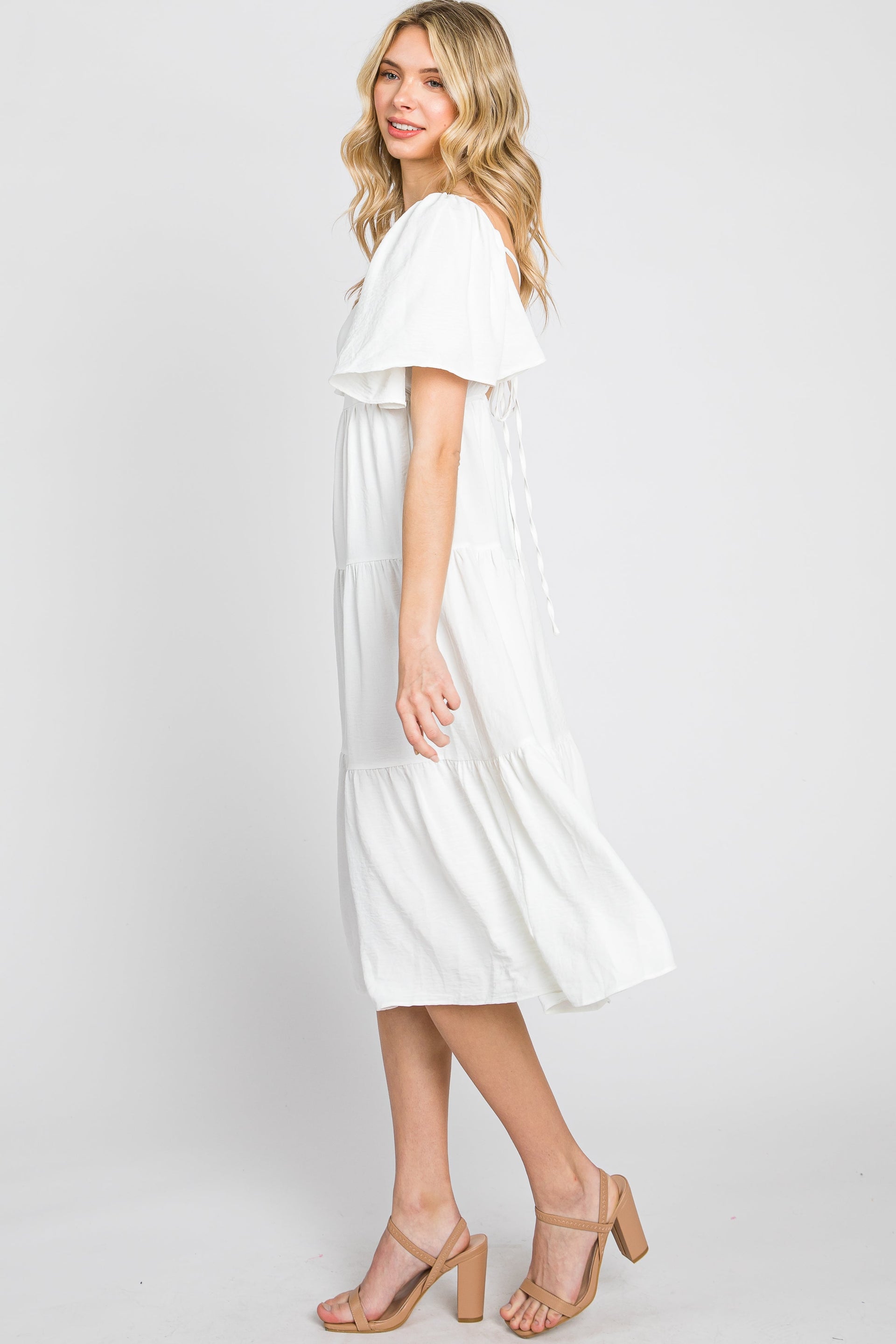 White Tiered Midi Dress with Criss Cross Back and Flutter Sleeves - Image 5