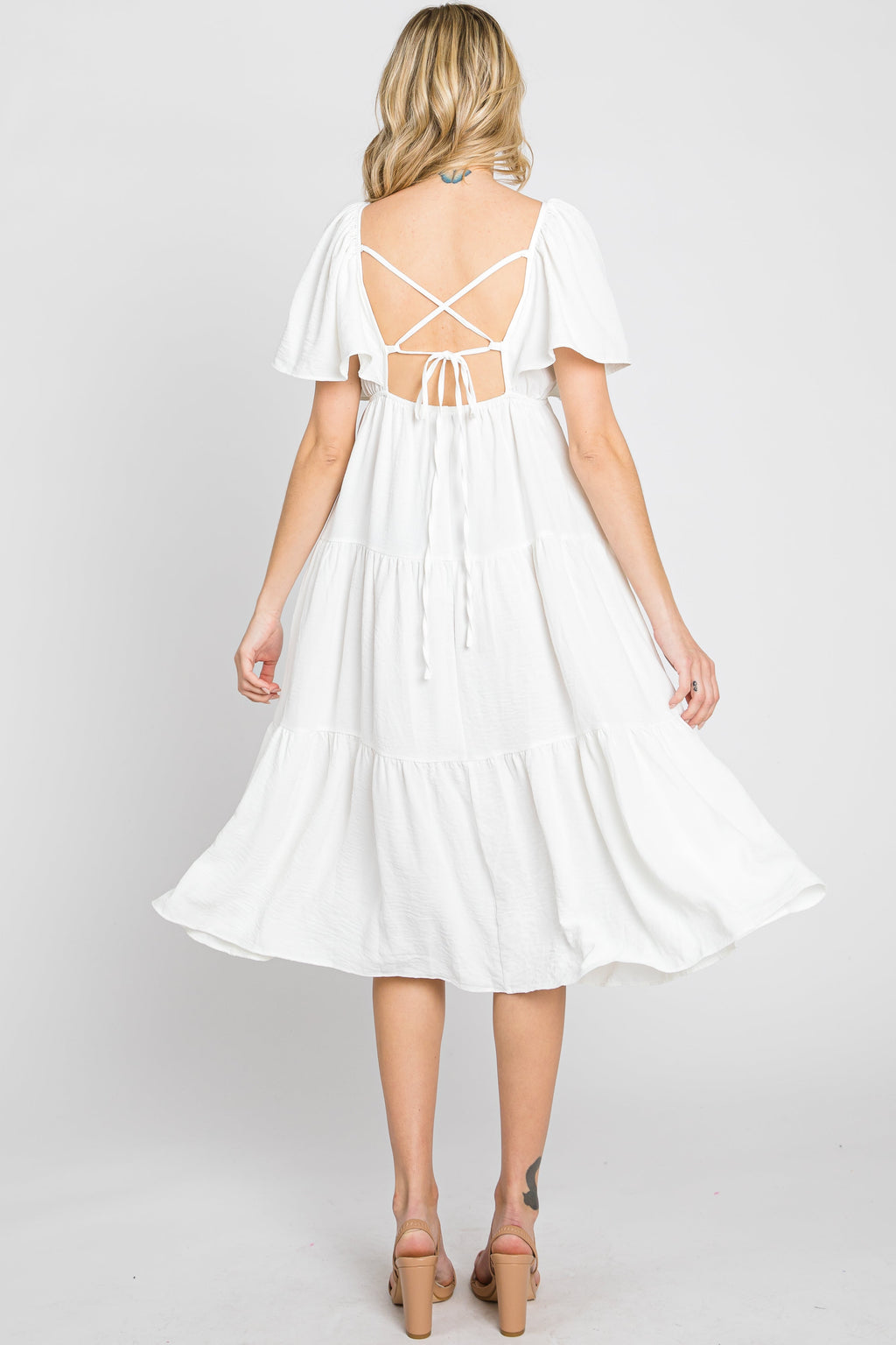 White Tiered Midi Dress with Criss Cross Back and Flutter Sleeves - Image 6