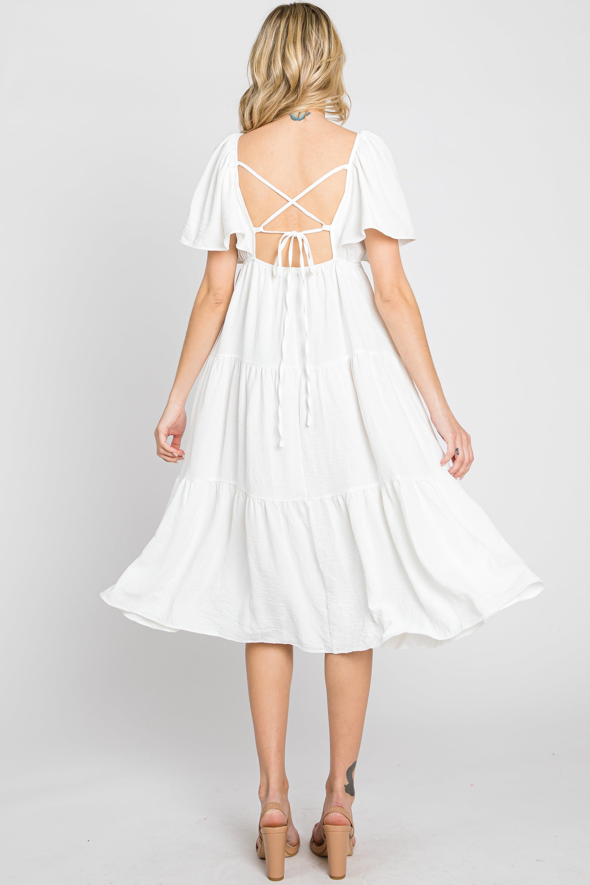 White Tiered Midi Dress with Criss Cross Back and Flutter Sleeves - Image 6