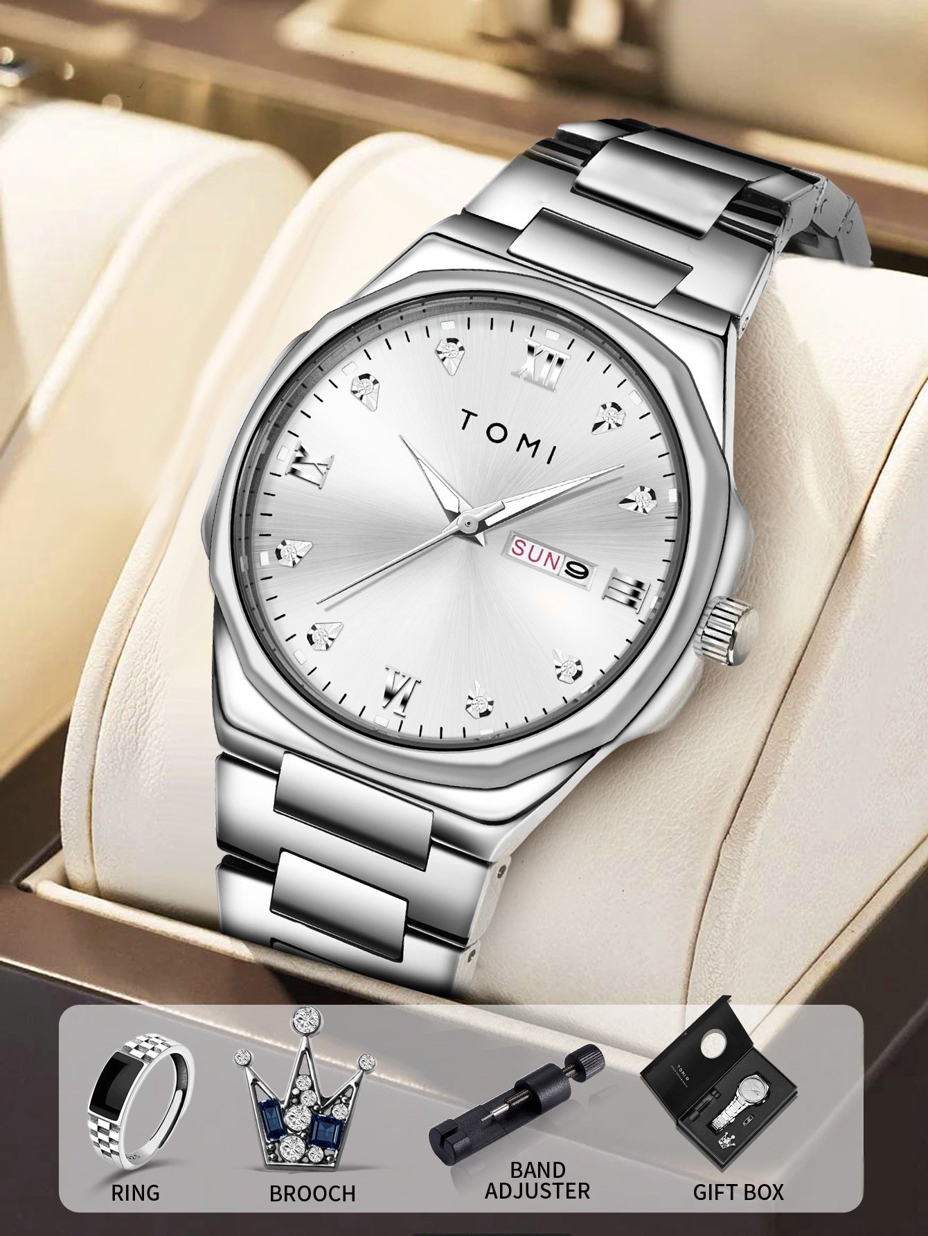 Simple Diamond Encrusted Quartz Watch with Stainless Steel Strap