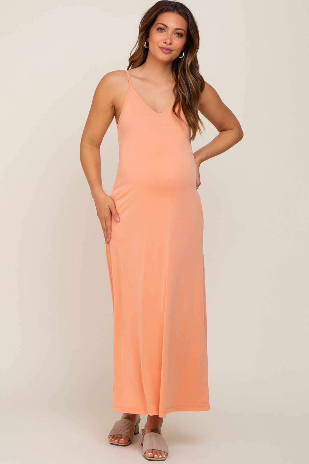 Peach Sleeveless V-Neck Maternity Maxi Dress