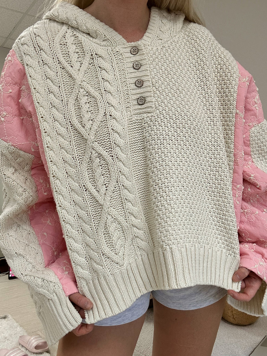 Pink Blossom long sleeve quilted cotton hoodie sweater with metal button half placket