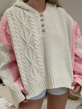 Pink Blossom long sleeve quilted cotton hoodie sweater with metal button half placket