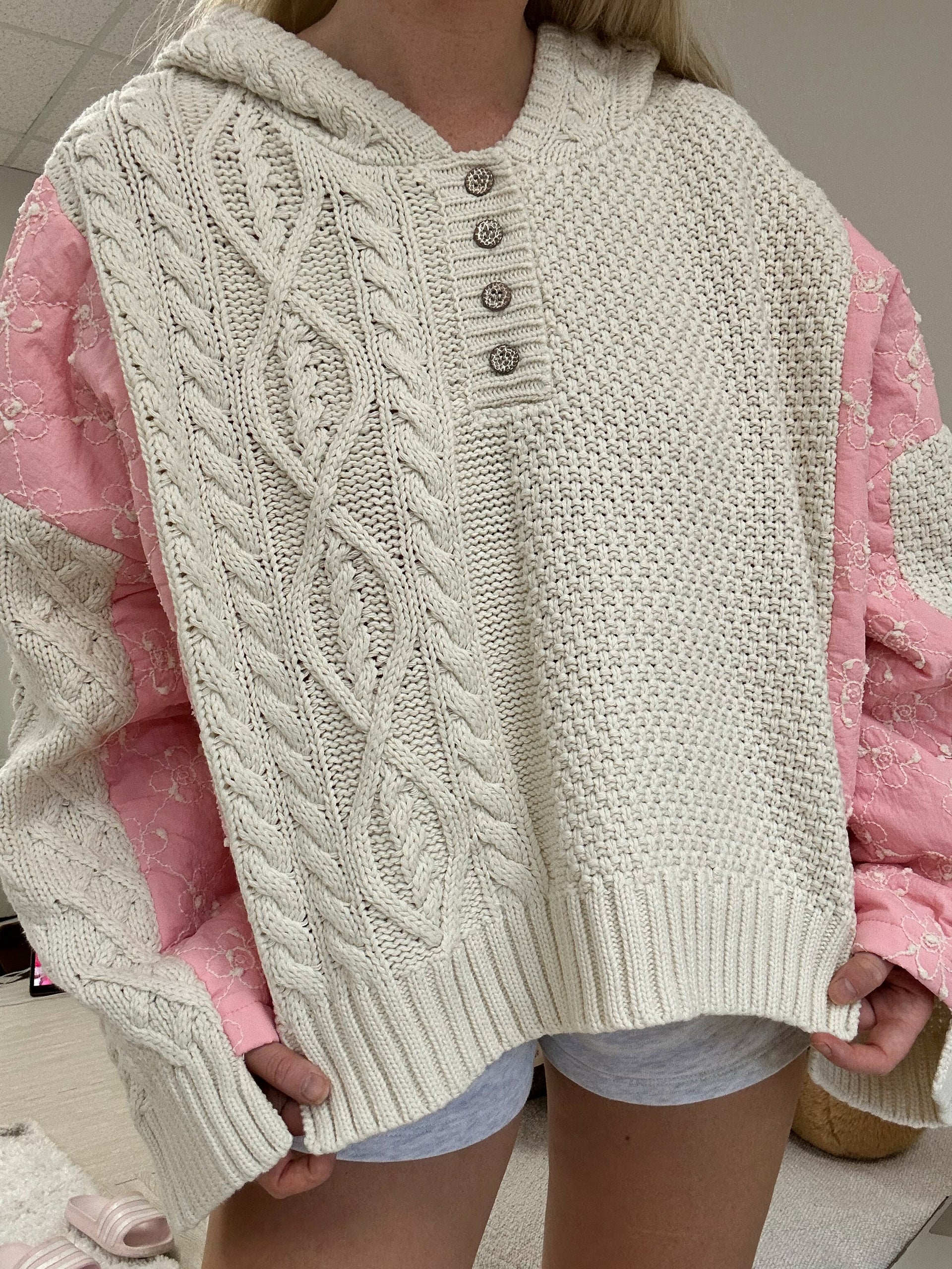 Pink Blossom long sleeve quilted cotton hoodie sweater with metal button half placket