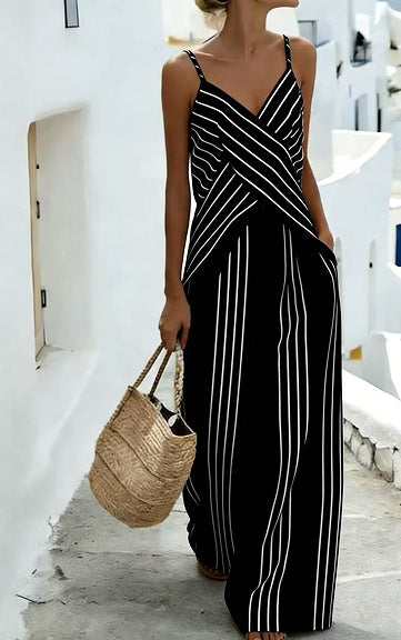 Women's Striped V-Neck Sleeveless Two-Piece Set White Black - Image 7