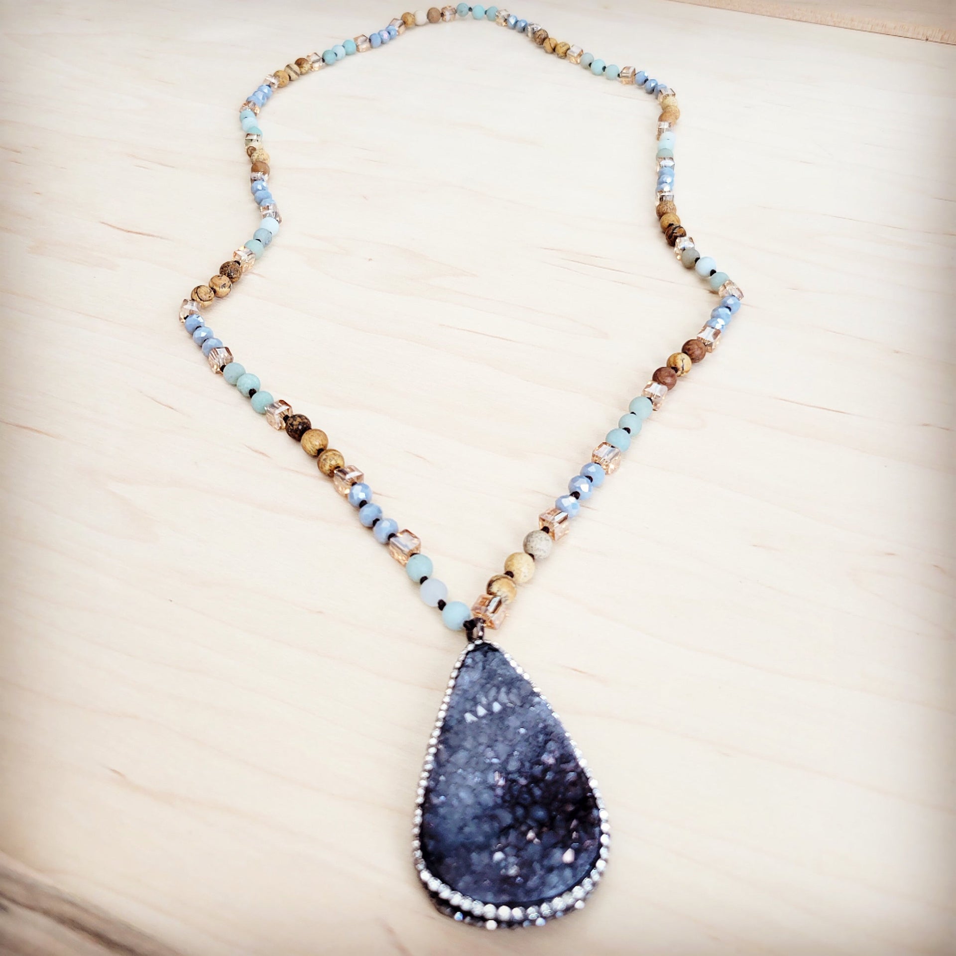Amazonite and Crystal Long Beaded Necklace with Druzy Pendant - Image 2