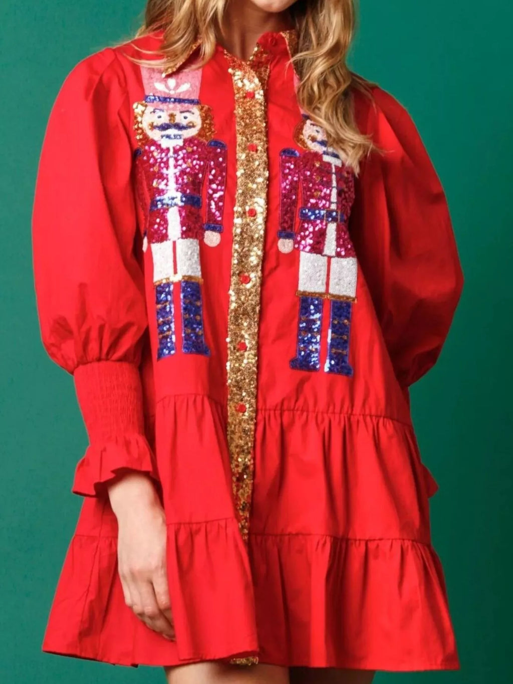 Full Size Christmas Sequin Nutcracker Tiered Shirt Dress Plus Size