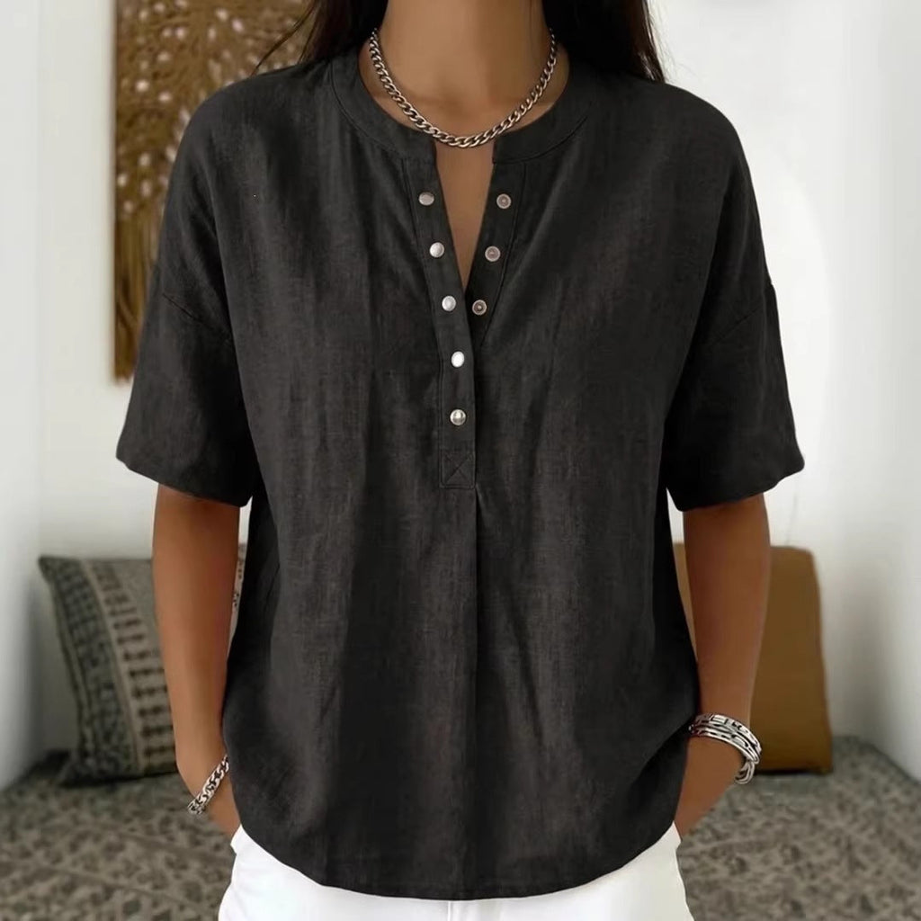 Women's Loose-Fit Short-Sleeve Henley Pullover Top - Image 4