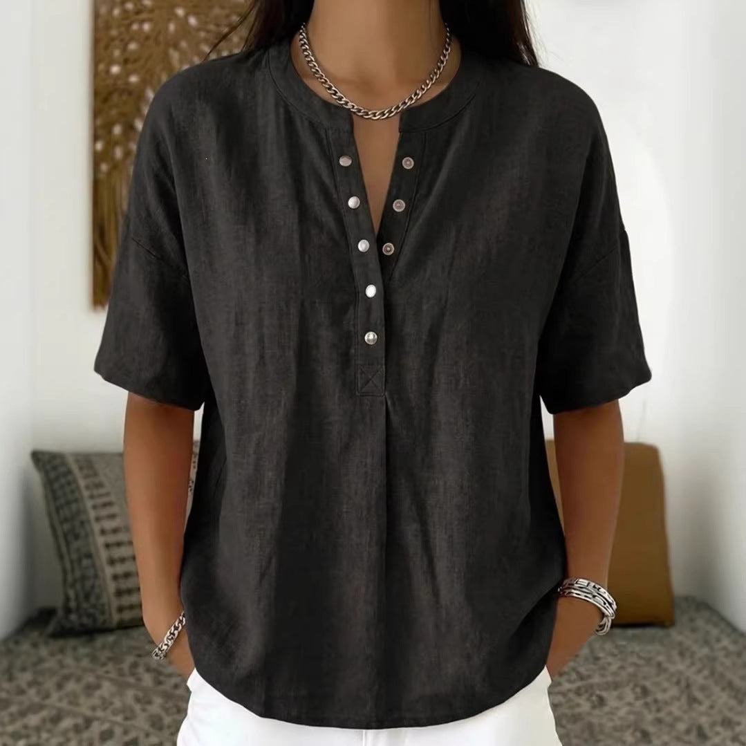 Women's Loose-Fit Short-Sleeve Henley Pullover Top - Image 4