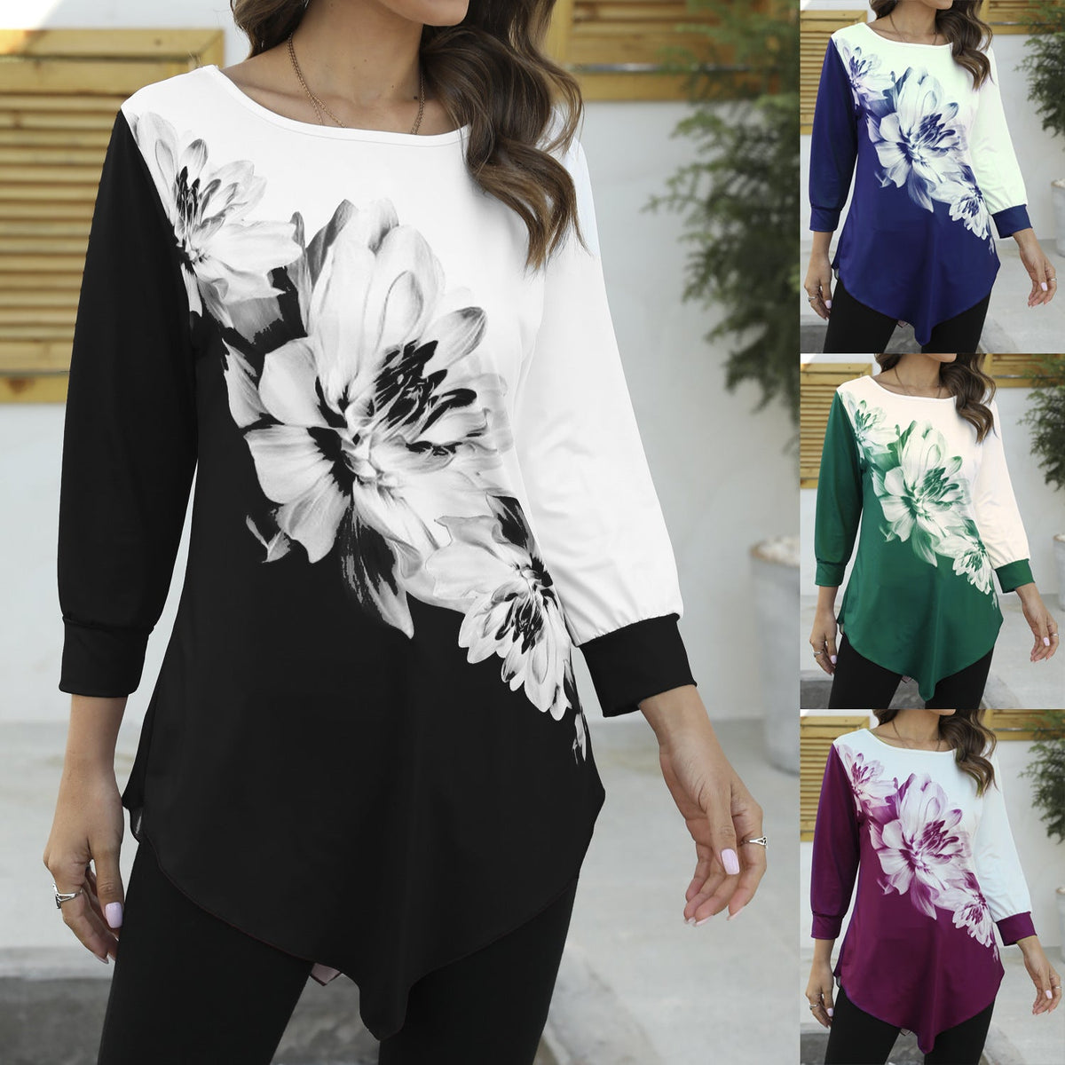 3D Floral Print Women's T-Shirt with Loose Hem