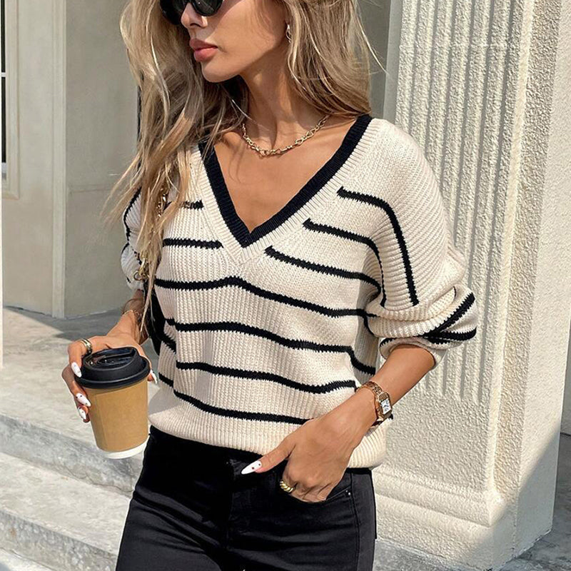 Women's Striped V-Neck Sweater with Chic Back Bow Detail - Image 2