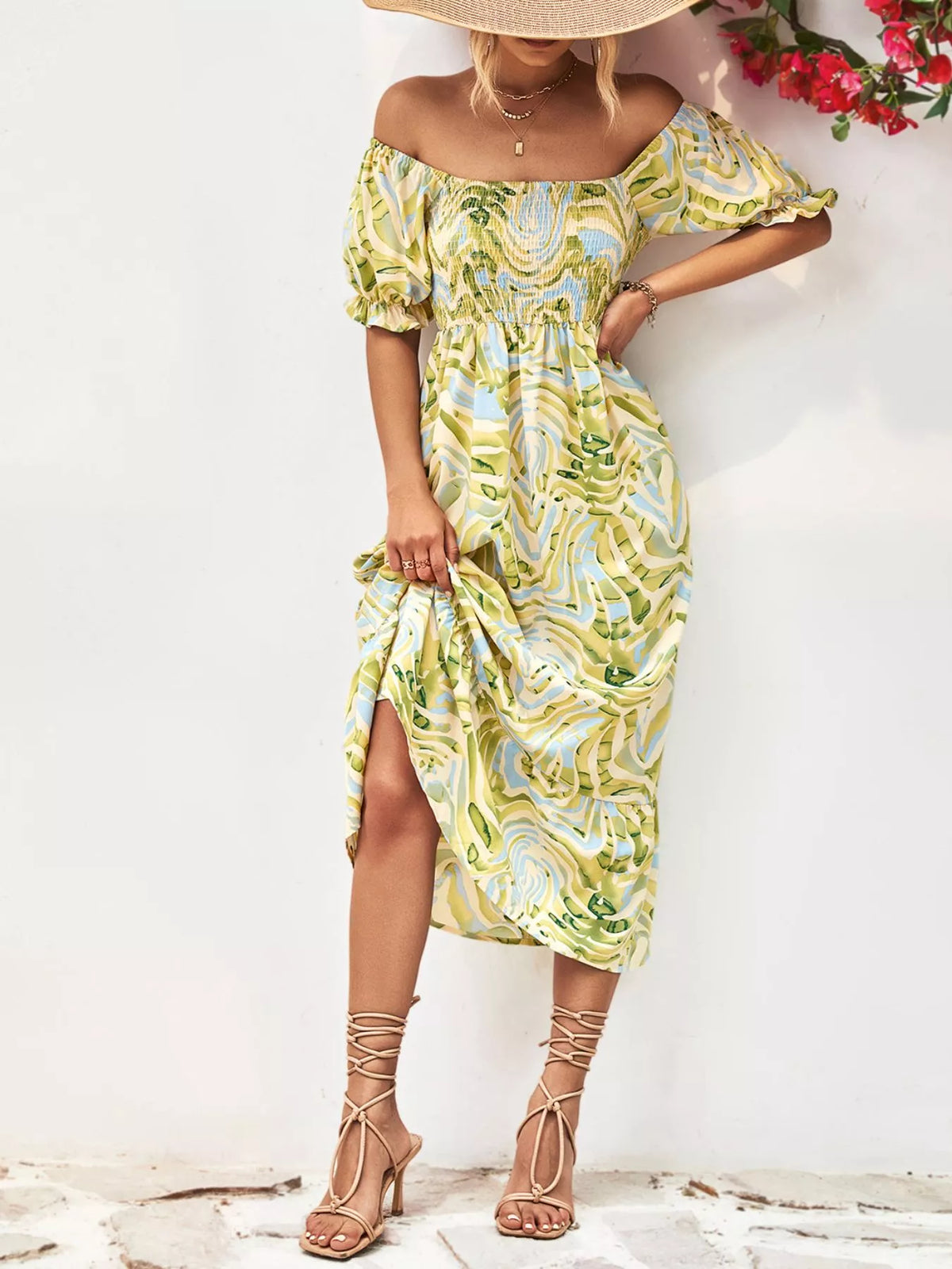 Smocked Printed Puff Sleeve Midi Dress