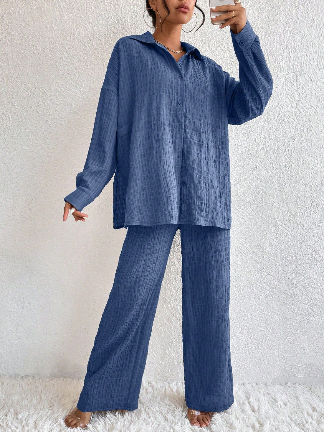 Women's Pleated Long Sleeve Lapel Two-Piece Set Loose Fit - Image 8