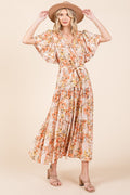 Floral tie waist flutter sleeve tiered dress in peach and yellow tones