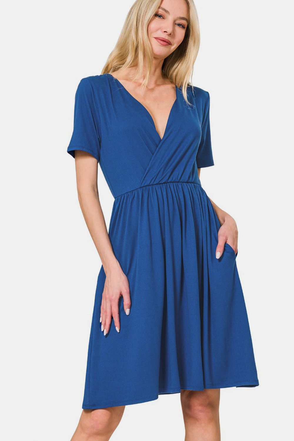 Surplice Short Sleeve Brushed DTY Midi Dress