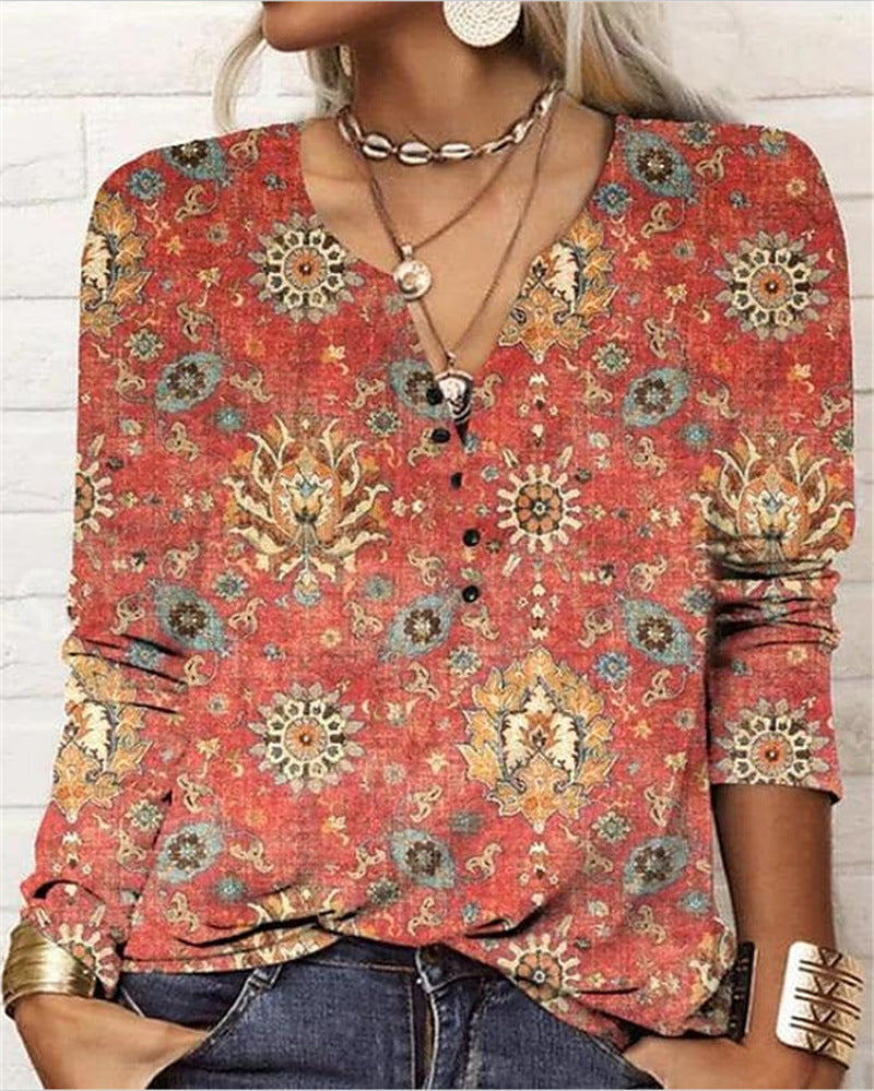 Women's Ethnic Print V-Neck Long Sleeve Henley T-Shirt - Image 6