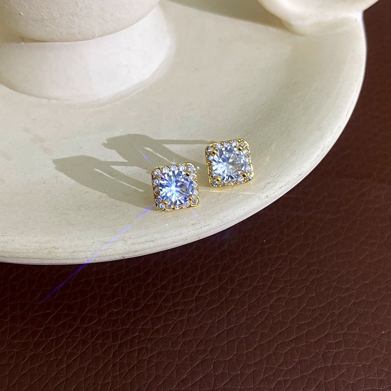 Womens Delicate Mini Geometric Square Rhinestone Stud Earrings,Costume Earrings For Daily Party Wear