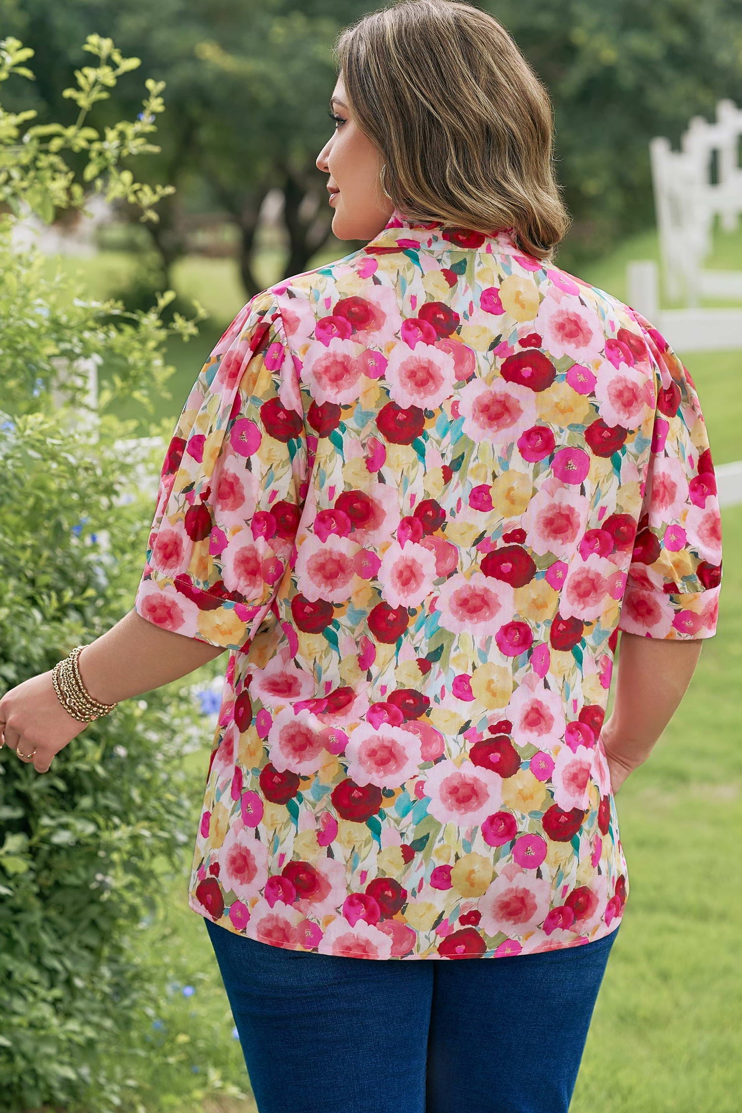 Oaklynn Puff Short Sleeve Floral V-Neck Top in Pink Red Yellow