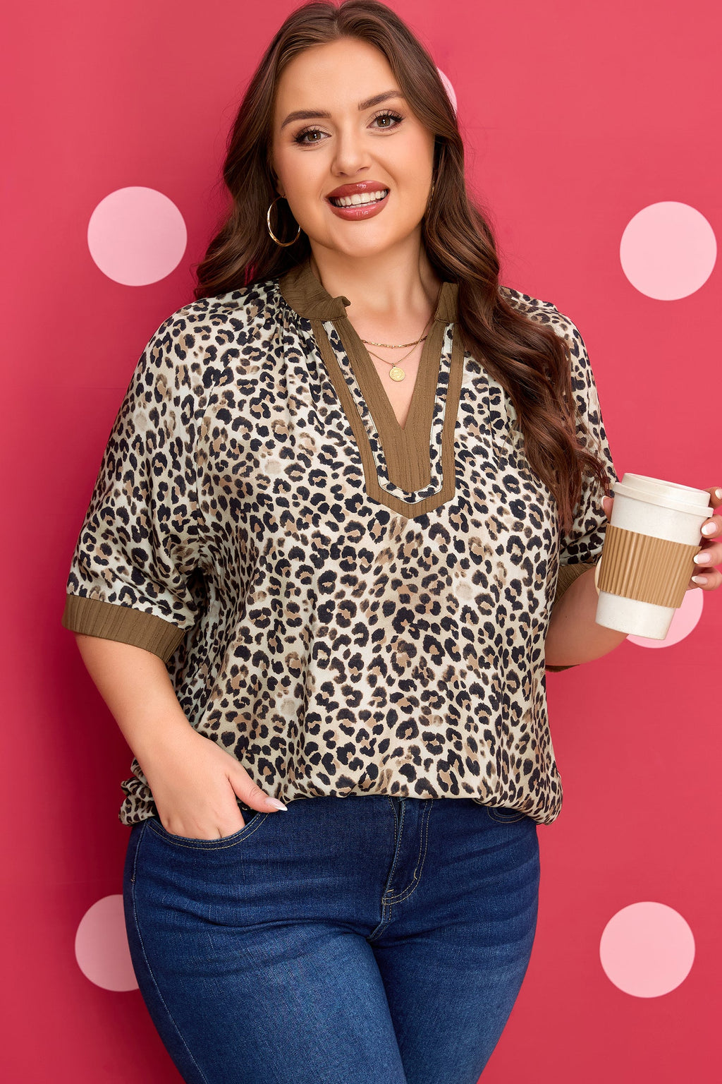 Leopard Crinkled V-Neck Blouse | Viscose Short Sleeve Top