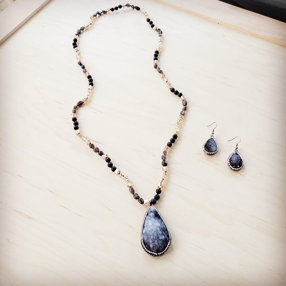 Black Lava Bead Necklace with Sparkling Druzy Teardrop Pendant - Image 5