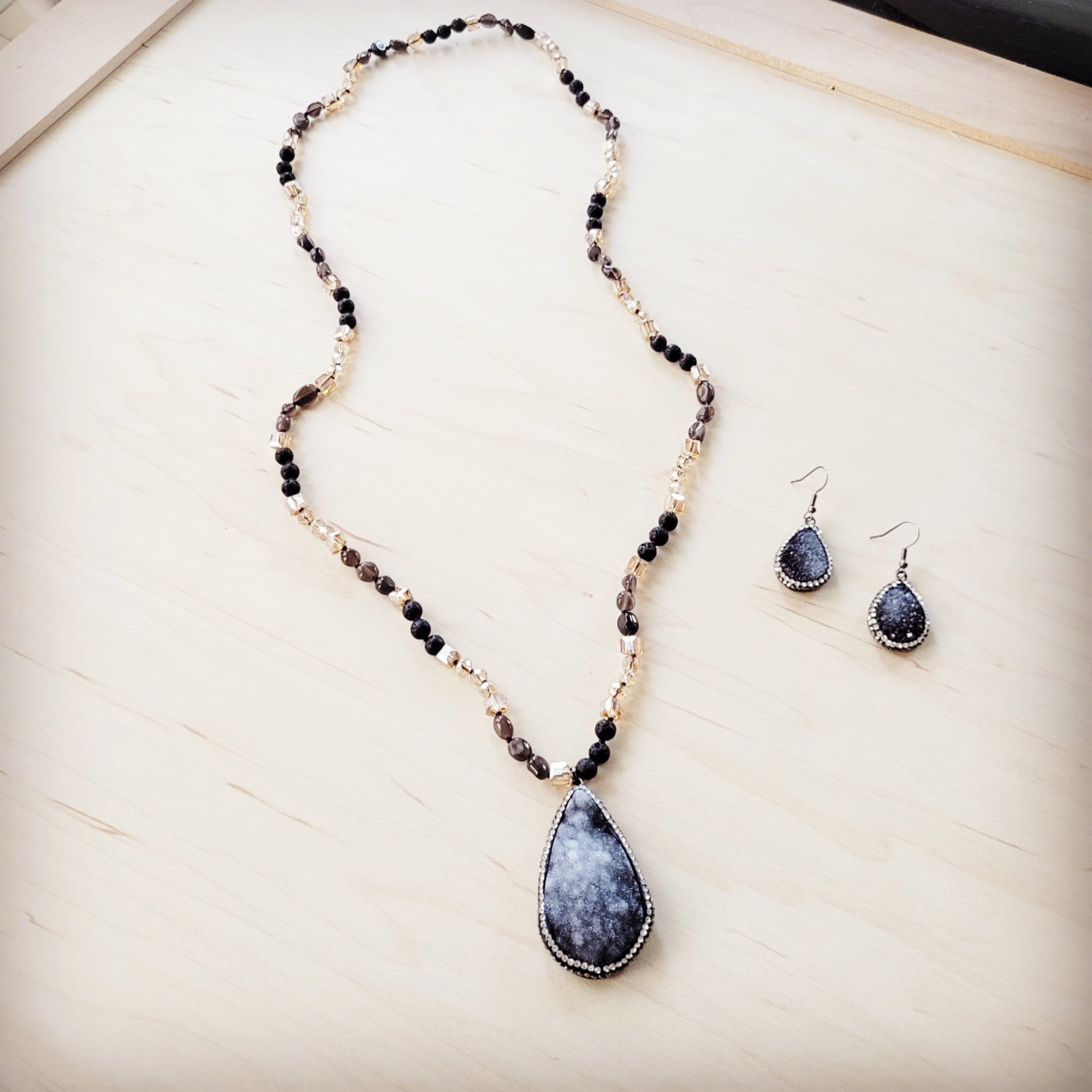 Black Lava Bead Necklace with Sparkling Druzy Teardrop Pendant - Image 5