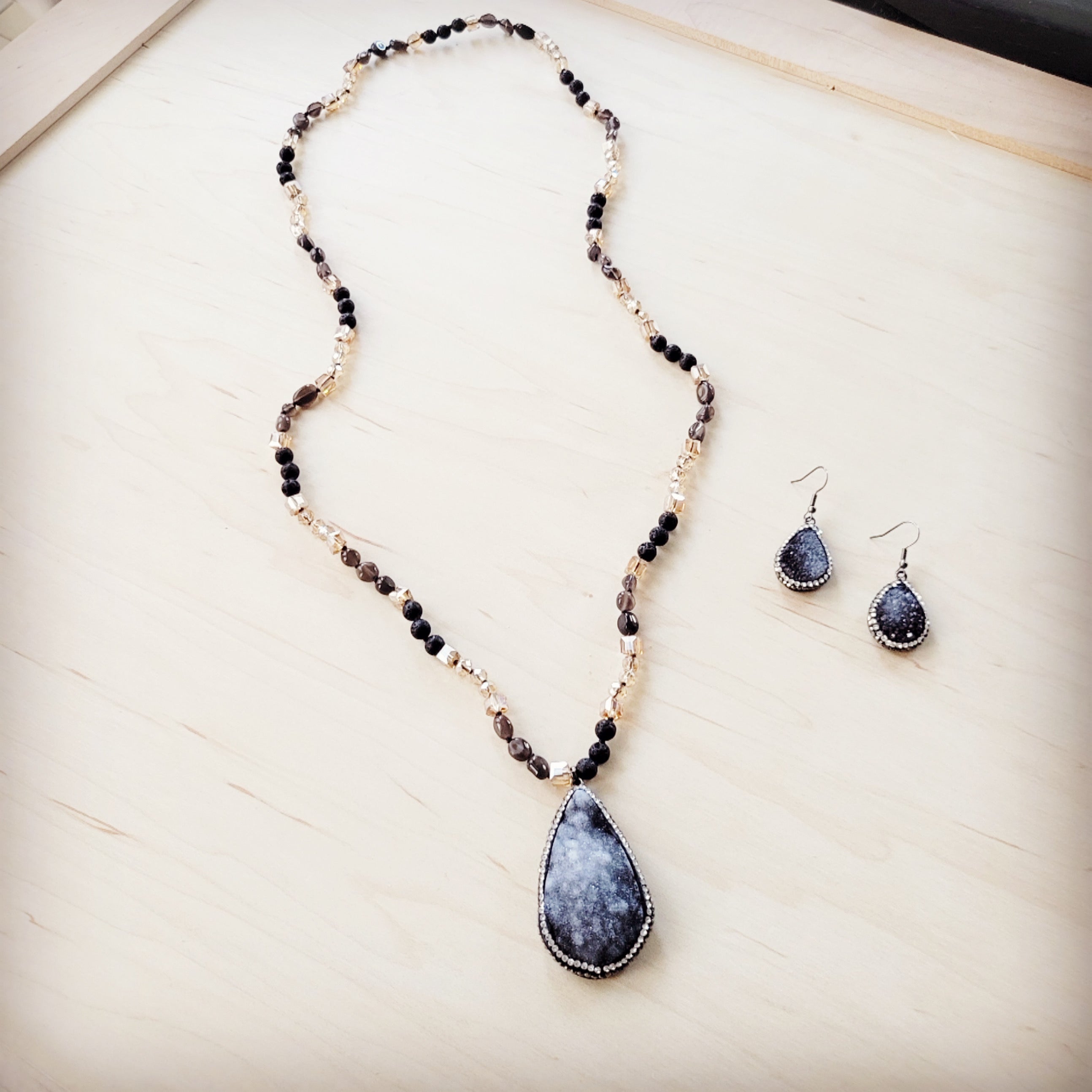 Black Lava Bead Necklace with Sparkling Druzy Teardrop Pendant - Image 5