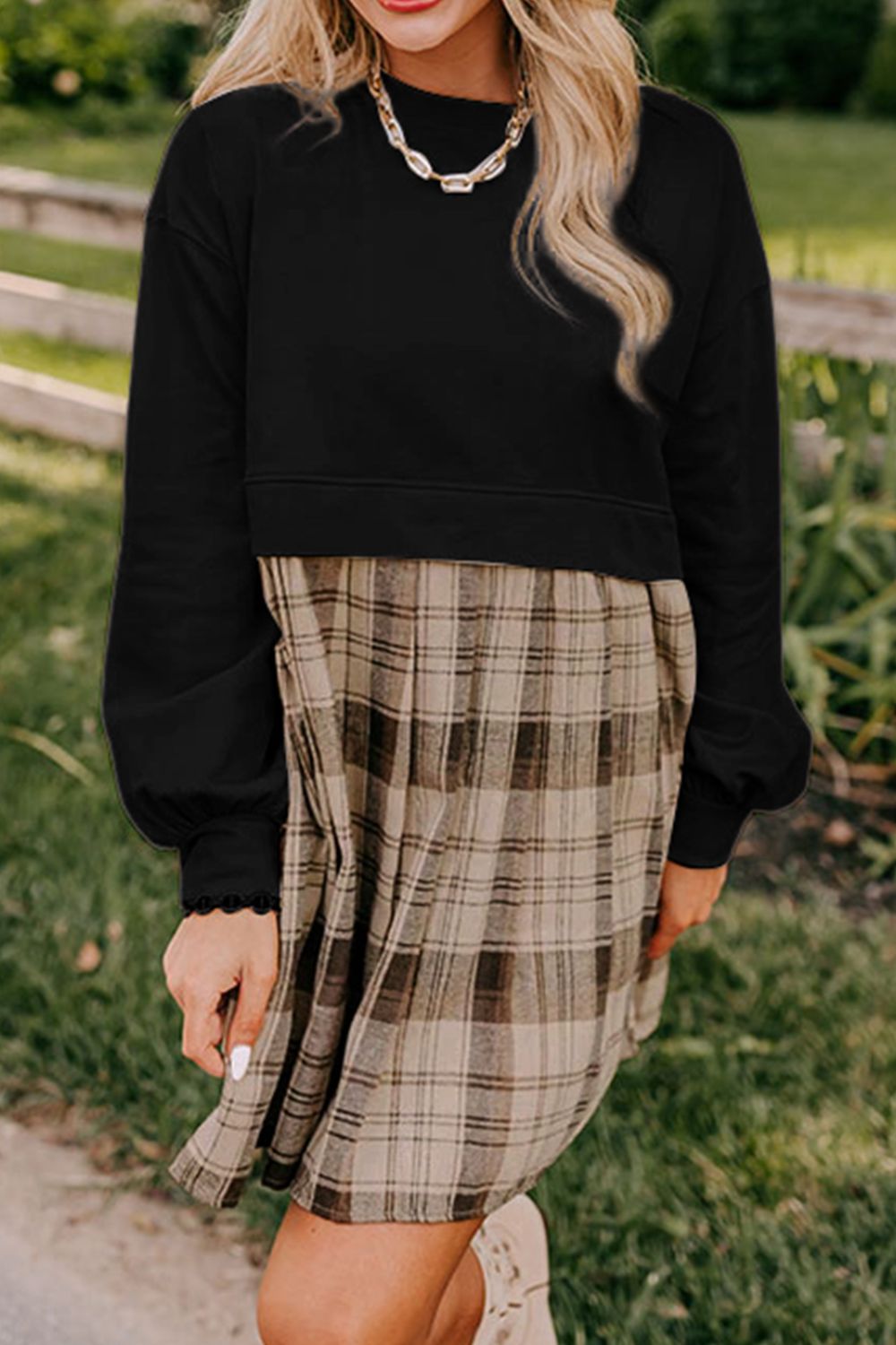 Vintage Plaid Long Sleeve Mini Dress with Round Neck