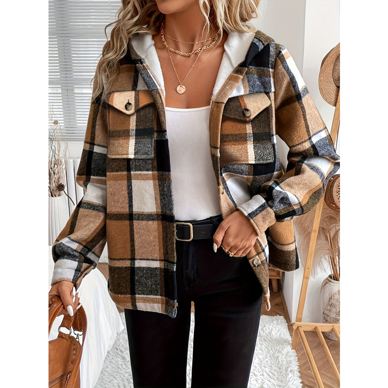Women's Plaid Fleece Lined Hooded Button Front Casual Jacket