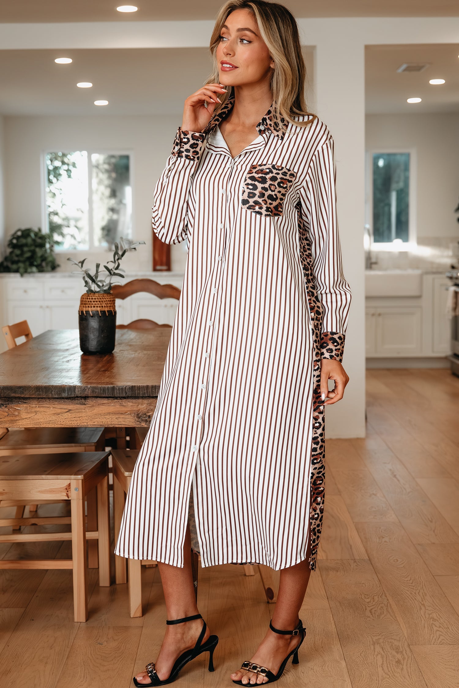 Sky Blue Stripe Leopard Patchwork Cotton Shirt Dress