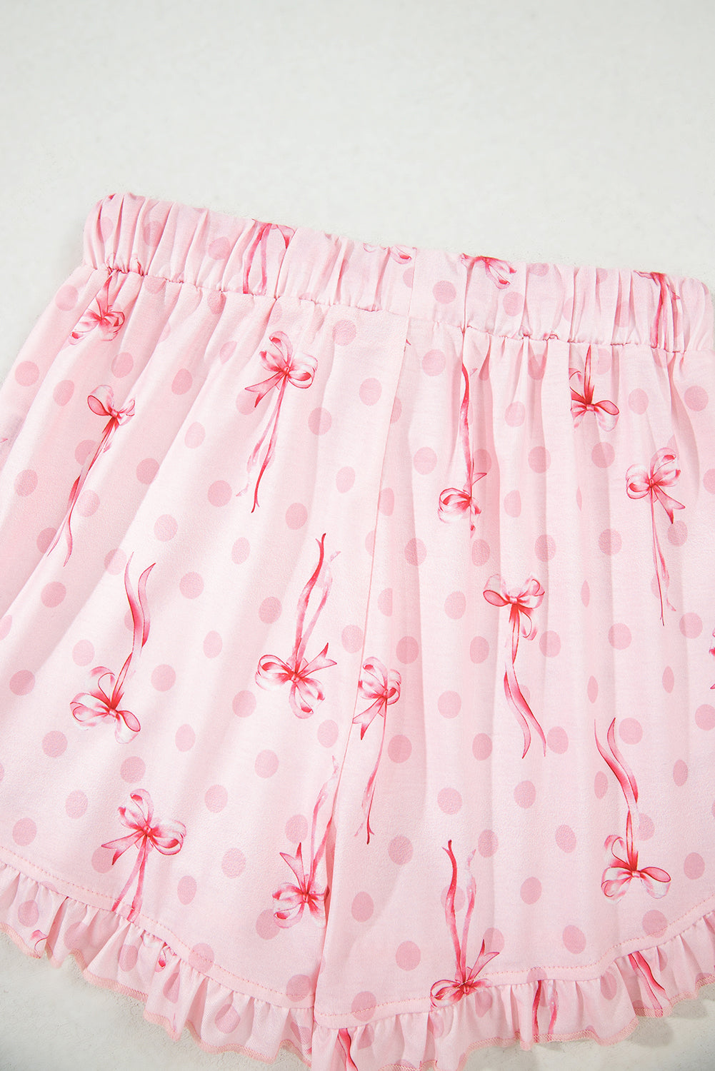 Pink Bow Print Contrast Piping Short Pajamas Set