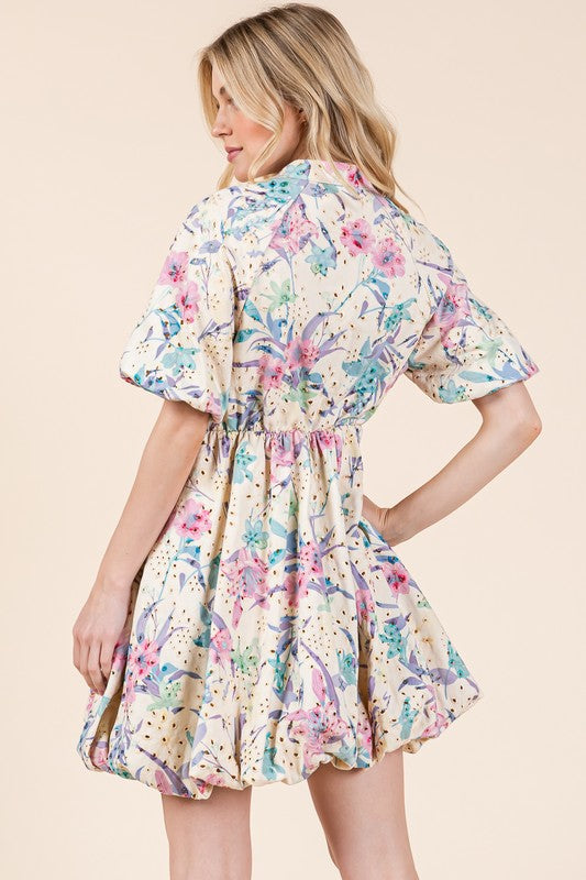 Floral Eyelet Lace Puff Sleeve Mini Shirt Dress