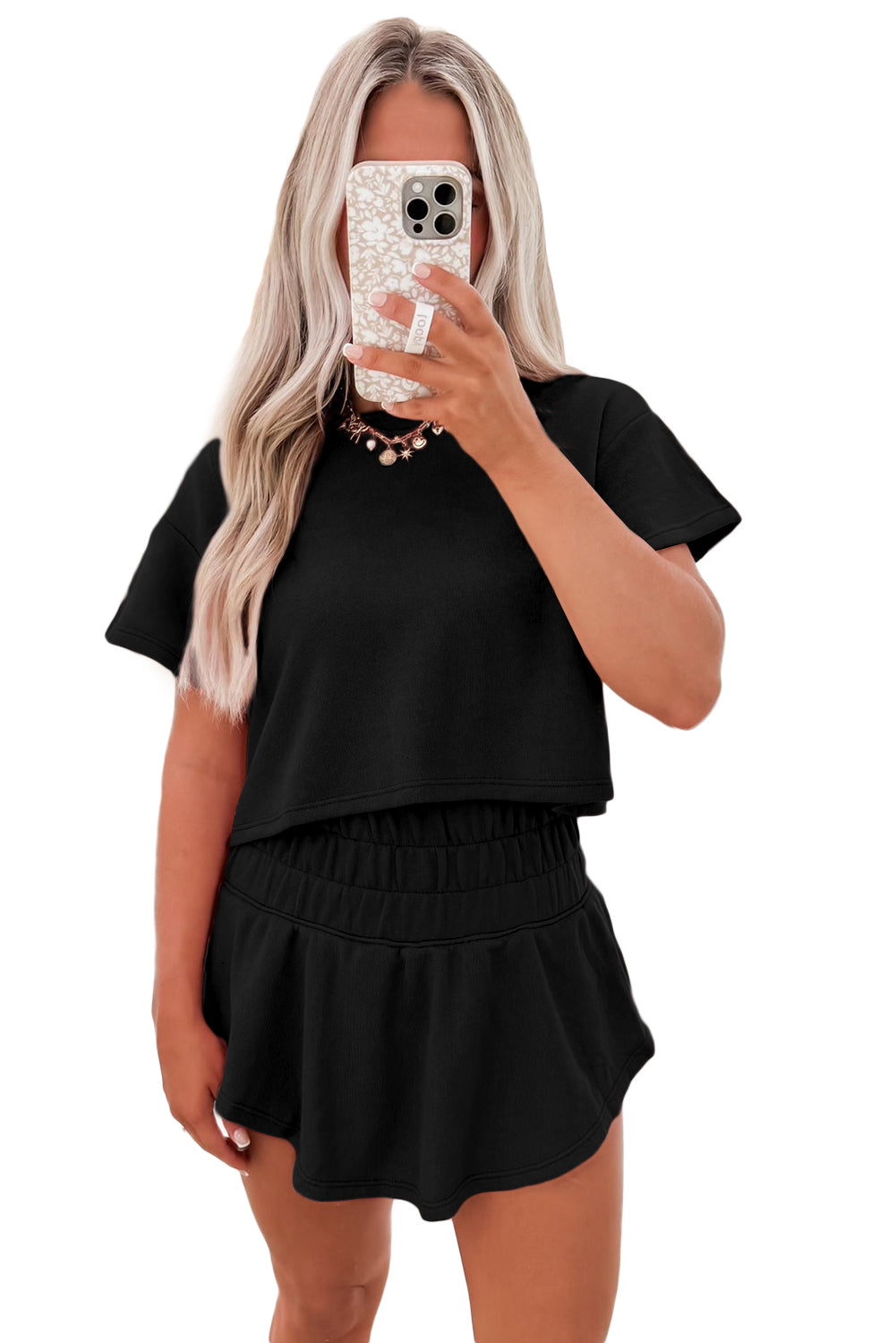 Black Cropped Tee & Ruffle High Waist Skort Set